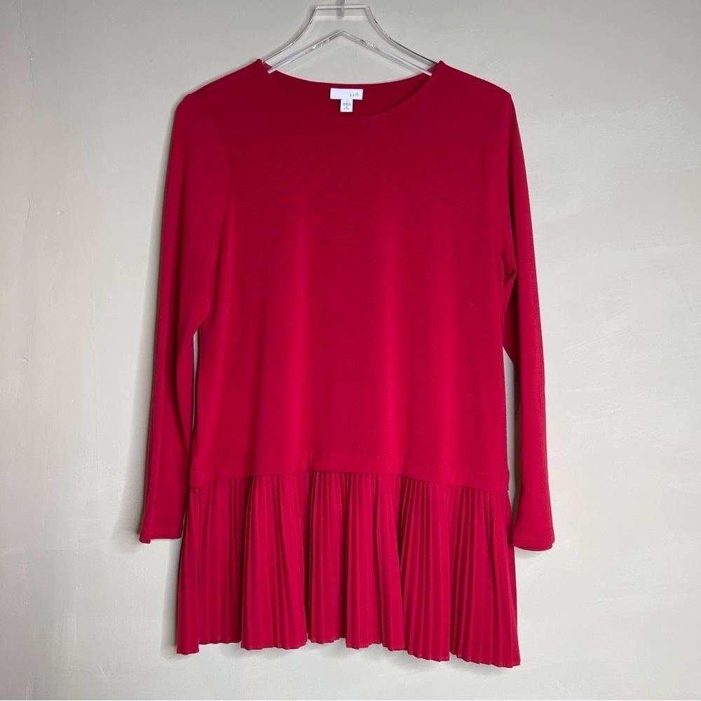J Jill Womens Shirt Tunic Red Pleated Hem Long Sleeve
